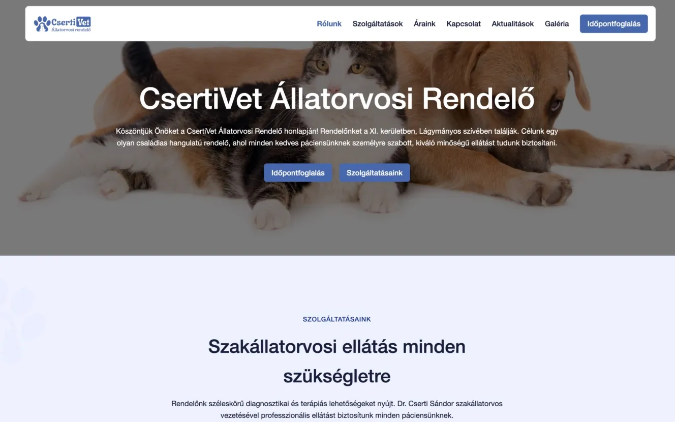 Homepage of the CsertiVet veterinary clinic, built by Devotter Tech