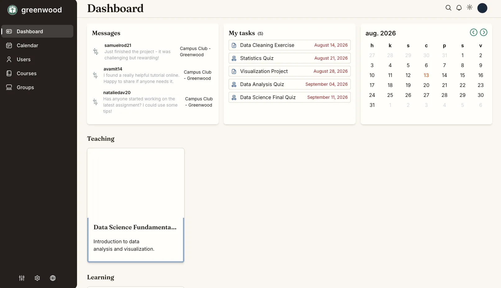 Dashboard of our learning platform with messages, tasks and a calendar, showing demo data